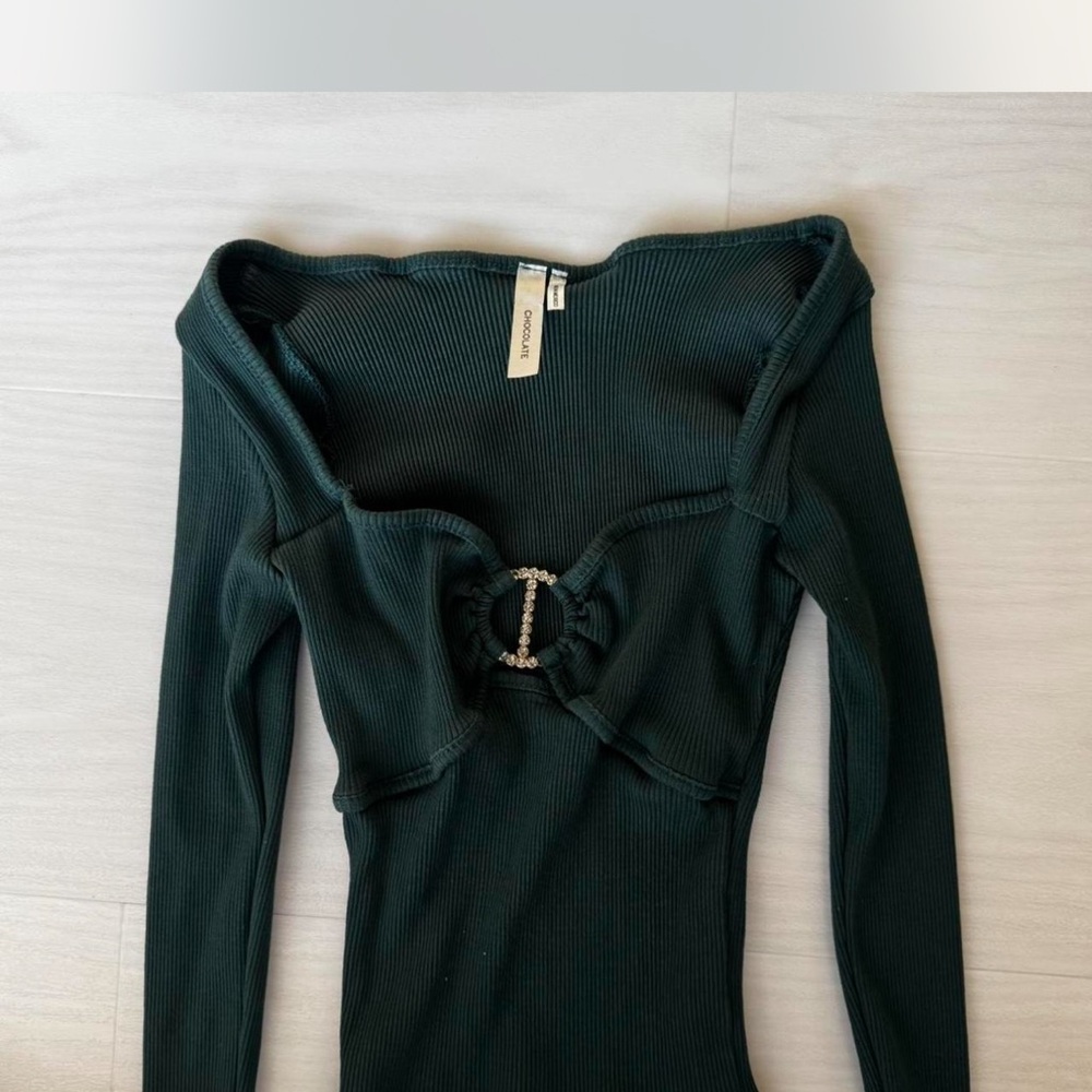 Dark emerald green Ribbed Top with buckle detail